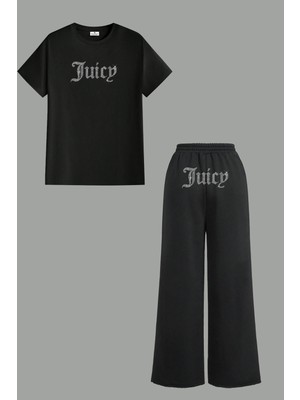 Bozz Collection Kadın Juicy Kristal Taş Baskı T-Shirt Eşofman Çanta Takım Baggy Bol Paça Eşofman Ikili Takım