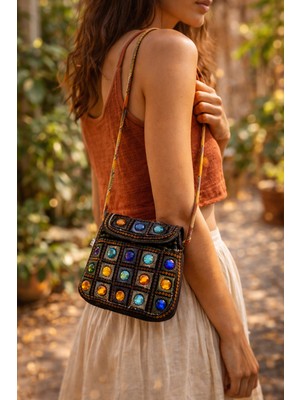 Seymen Bıçakçılık El Yapımı Nakışlı Renkli Taş Detaylı Bohem Mini Omuz Çantası