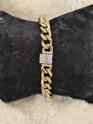 Tuel Paslanmaz Çelik Gold Zirkon Taşlı Kalın Zincir Bileklik