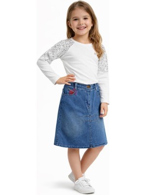 İrem Çocuk Giyim Kız Çocuk Beyaz Renk Omuzları Pullu Fitilli Bluz Midi Boy Kot Etek Ikili Takım