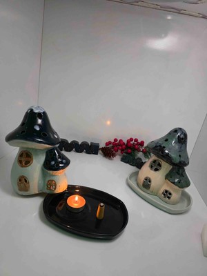 Atolye Okyanus El Yapımı Seramik Mantar Ev Mumluk | Dekoratif Işıklı Mini Ev | Bohem & Doğal Ev Dekoru