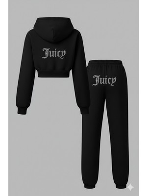 Bozz Collection Kadın Kristal Taş Baskılı Eşofman Takımı Hoodie Crop Sweatshirt Juicy Jogger Eşofman Ikili Takım