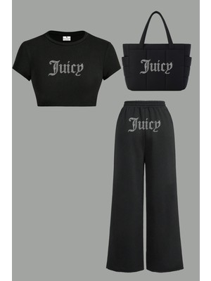 Bozz Collection Kadın Juicy Kristal Taş Baskılı Eşofman Crop Bluz Çanta Baggy Eşofman Crop Top Bluz Takım