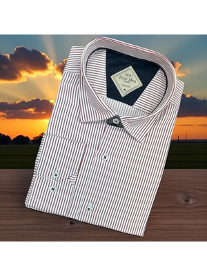 Eren Style Linen Slim Fit Pamuklu Çizgili Yakası Gizli Düğmeli Gömlek (Slim Fit Kalıp)