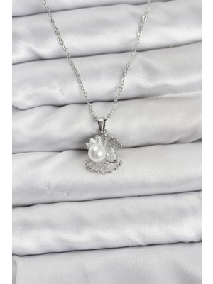 DS LLC 316L Çelik Zincir Gümüş Renk Istiridye Inci Model Zirkon Taşlı Kadın Kolye DSLLC-3245YU5