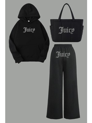 Bozz Collection Kadın Juicy Kristal Taş Baskılı Eşofman Takımı Çanta Hoodie Sweatshirt Baggy Eşofman Takım