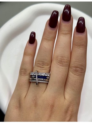 Gümüş Renk Mavi Detaylı Çoklu Yüzük