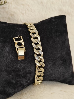 Tuel Kadın Paslanmaz Çelik Gold Renk Taşlı Kalın Zincir Bileklik