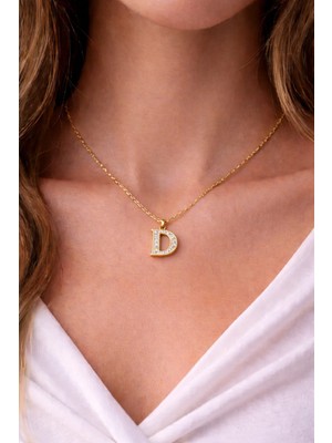 Dasemura 316L Çelik Gold Renk Zirkon Taşlı Harf Kolye - Kişiye Özel Isim Baş Harfli Zincir - D Harfi