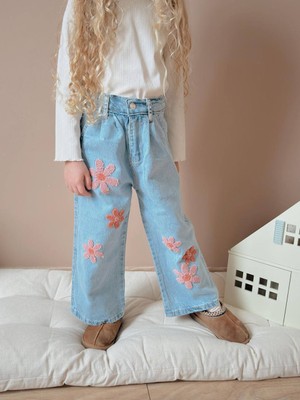 Jolly Kids Kız Çocuk Papatya Nakışlı Mavi Bol Paça Jeans Pantolon