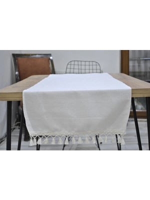 NDC Home Özel Tasarım Organik Ham Keten Krem Ponponlu Runner Masa Örtüsü 45 x 150