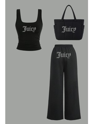 Bozz Collection Kadın Juicy Kristal Taş Baskılı Eşofman Crop Atlet Çanta Baggy Eşofman Crop Top Bluz Atlet Takım