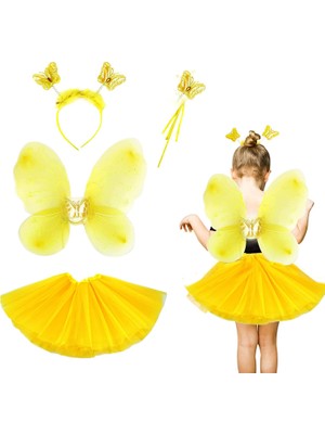 Calperia Sarı Kelebek Kostümü Çocuk - Sarı Kelebek Kostüm Aksesuar Seti 4 Parça