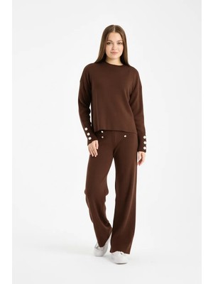 Denivy Yumuşak Dokulu Taş Detaylı Triko Ikili Takım