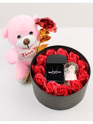 Trend Robo Sevgiliye Özel Kırmızı Gül Kutusu – Ayıcık - Güller - 925 Ayar Gümüş Sonsuzluk Kolye ve Küpe