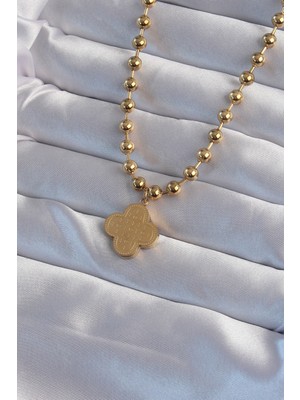 DS LLC 316L Çelik Top Zincirli Gold Renk Işlemeli Yonca Model Kolye DSLLC-3245YU5