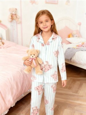 NiCe İç Giyim Pembe Ayıcık Desenli Çizgili Milan Pamuklu Ince Yumuşacık Kumaş Gömlek Yaka Kız Çocuk Pijama Takım