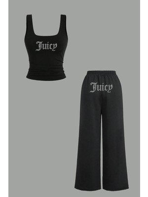 Bozz Collection Kadın Juicy Kristal Taş Baskılı Eşofman Crop Atlet Bluz Baggy Eşofman Crop Top Bluz Atlet Takım