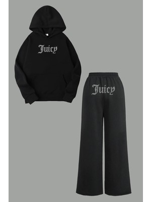 Bozz Collection Kadın Juicy Kristal Taş Baskılı Eşofman Takımı Çanta Hoodie Sweatshirt Baggy Eşofman Takım