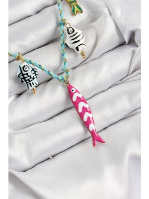 DS LLC Seramik Motifli Pembe Balık Figürlü Model Mavi Ip Kadın Kolye DSLLC-3245YU5