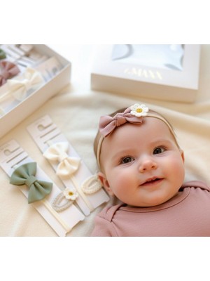Bebeva Baby Kız Bebek Keten Fiyonk Saç Bandı ve Örme Figürlü Toka Aksesuar Seti