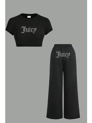 Bozz Collection Kadın Juicy Kristal Taş Baskılı Eşofman Crop Bluz Baggy Eşofman Crop Top Bluz Takım