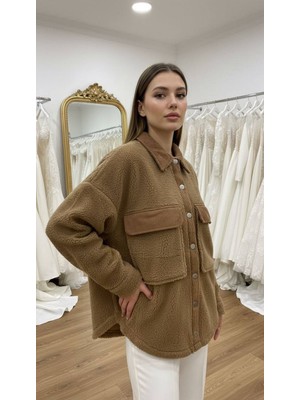 Akasha Design Taş Rengi Çift Cepli Peluş Kadife Garnili Ceket