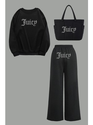 Bozz Collection Kadın Juicy Kristal Taş Baskılı Eşofman Takımı Çanta Hoodie Sweatshirt Baggy Eşofman Takım