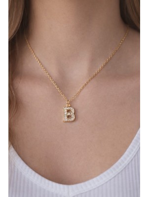 Dasemura 316L Çelik Gold Renk Zirkon Taşlı Harf Kolye - Kişiye Özel Isim Baş Harfli Zincir - B Harfi