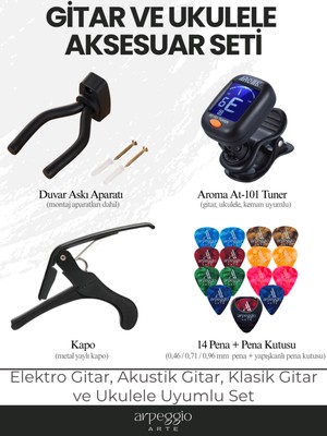 Arpeggio Arte Gitar & Ukulele Aksesuar Seti | Tuner (Akort Cihazı) + Metal Kapo + Gitar Duvar Askı Aparatı + 14 Karışık Renk Pena (0,46-0,71-0,96)