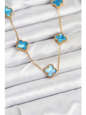 DS LLC 316L Çelik Zincir Gold Buz Mavisi Renk Yonca Kolye DSLLC-3245YU5