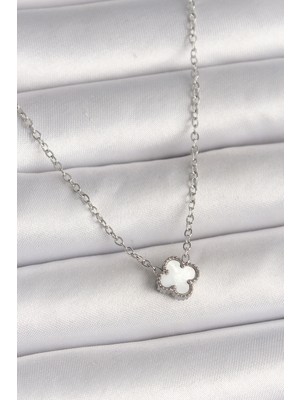 DS LLC 316L Çelik Gümüş Renk Beyaz Yonca Model Kadın Kolye DSLLC-3245YU5