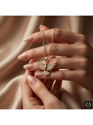 Stainless Steel 316L Paslanmaz Çelik Gold Renk Beyaz Zirkon Taşlı Anka Kuşu Kolye