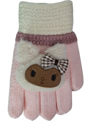 Spteks Kitti 4-8 Yaş Kız Çocuk Açık Pembe Renk Sevimli Panda Ayıcık Figürlü Kışlık Örme Eldiven