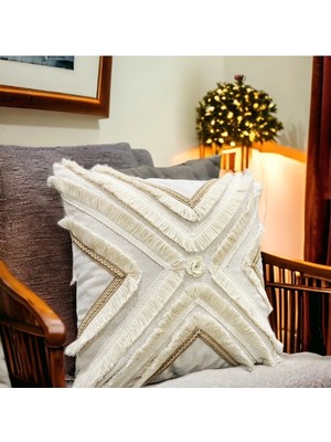 NDC Home Özel Tasarım Çoklu Püsküllü Motifli Tekli Keten Krem Kırlent Kılıfı (43X43)