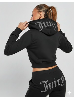 Bozz Collection Kadın Kristal Taş Baskılı Juicy Eşofman Takımı Kapüşon Crop Sweatshirt Baggy Eşofman Ikili Takım