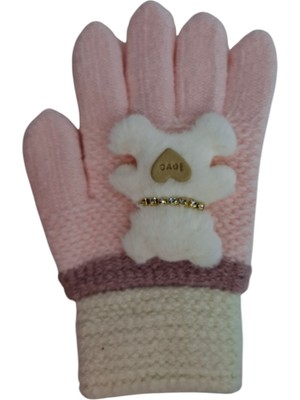 Spteks Kitti 4-8 Yaş Kız Çocuk Açık Pembe Sevimli Taşlı Ayıcık Figürlü Kışlık Örme Eldiven