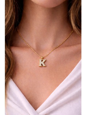 Dasemura 316L Çelik Gold Renk Zirkon Taşlı Harf Kolye - Kişiye Özel Isim Baş Harfli Zincir -K Harfi