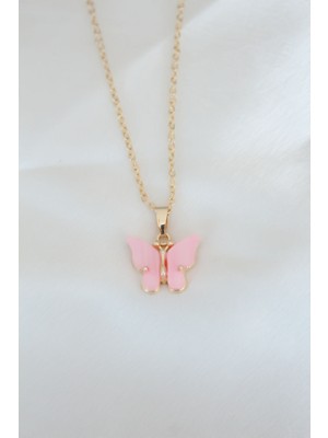 DS LLC Gold Kaplama Pembe Sedefli Kelebek Kolye DSLLC-3245YU5