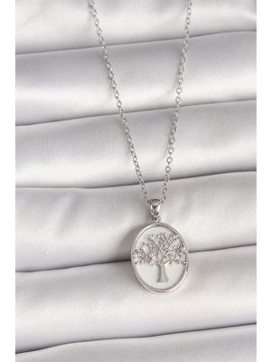 DS LLC 316L Çelik Gümüş Renk Zincir Zirkon Taş Işlemeli Beyaz Mineli Ağaç Işlemeli Portre Model