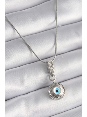 DS LLC 316L Çelik Gümüş Renk Zirkon Taşlı Nazar Boncuk Model Kadın Kolye DSLLC-3245YU5