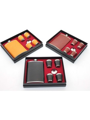 Calperia Paslanmaz Çelik 4 Shot Bardaklı Derili Matara Seti