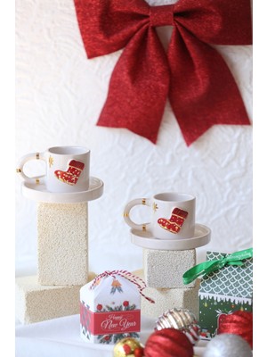 El Yapımı 2'li Yılbaşı Desenli Seramik Türk Kahvesi Fincan Takımı