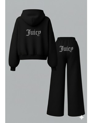 Bozz Collection Kadın Kristal Taş Baskılı Baggy Eşofman Oversize Sweatshirt Juicy Hoodie Eşofman Ikili Takım