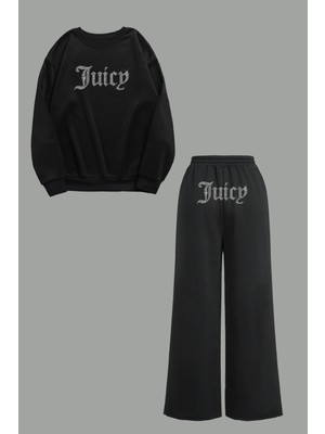 Bozz Collection Kadın Juicy Kristal Taş Baskılı Eşofman Takımı Hoodie Sweatshirt Baggy Eşofman Takım