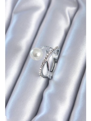 DS LLC Gümüş Renk Zirkon Taşlı Incili Kadın Yüzük DSLLC-3245YU5