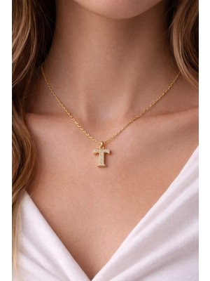 Dasemura 316L Çelik Gold Renk Zirkon Taşlı Harf Kolye - Kişiye Özel Isim Baş Harfli Zincir - T Harfi