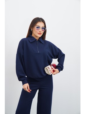 Kadın Lacivert Renk Eşofman Takım Oversize Fermuarlı Sweatshirt Pantolon