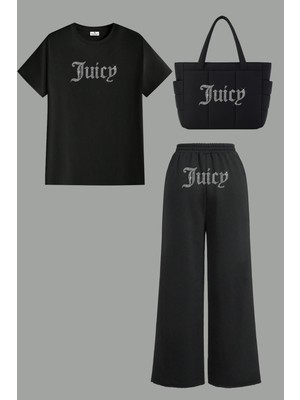 Bozz Collection Kadın Juicy Kristal Taş Baskı T-Shirt Eşofman Çanta Takım Baggy Bol Paça Eşofman Ikili Takım