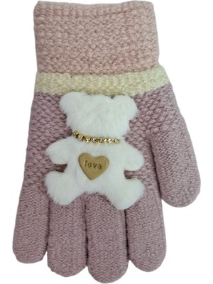 Spteks Kitti 4-8 Yaş Kız Çocuk Pudra Renk Sevimli Ayıcık Figürlü Kışlık Örme Eldiven